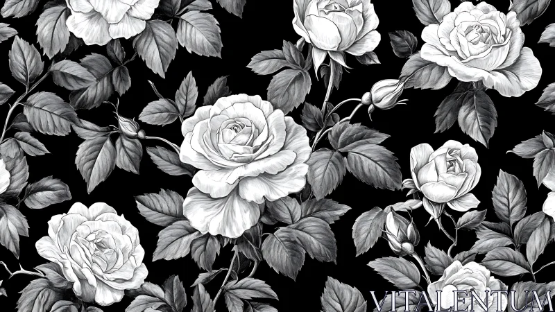 Monochrome Roses with Foliage on Black Background.