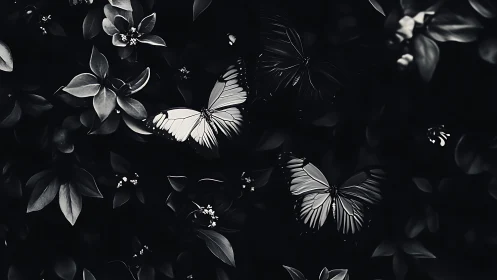 Monochrome butterflies glide through shadowed garden foliage
