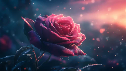 Luminescent Rose with Particle Effects in Night Sky