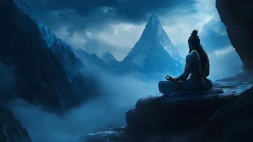 Meditating ascetic silhouette observes glacial peak in blue atmospheric haze