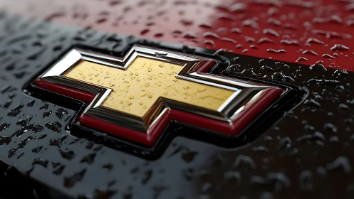 Chrome cross emblem on wet black and red vehicle surface