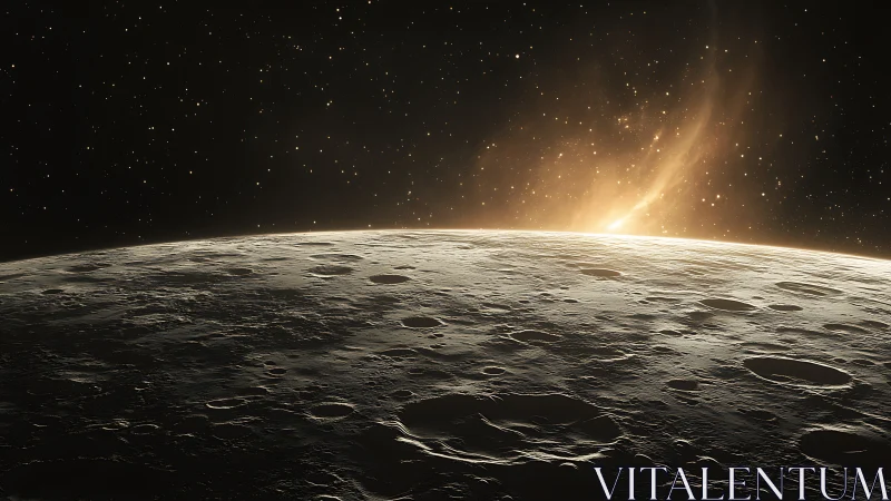 Lunar horizon with cratered surface under distant sunrise.