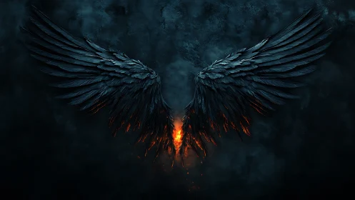 Dark angel wings ignite with molten fire in stormy void