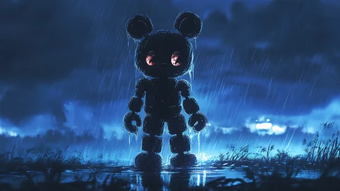 Robot teddy silhouette in blue night rain with red eyes.
