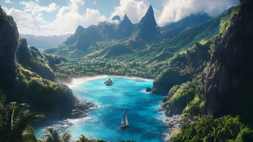 Tropical Lagoon with Limestone Peaks and Sailboats.