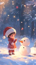 Child in red coat building snowman in glowing winter forest.