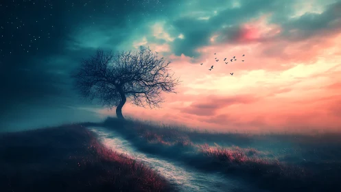 Lonely hilltop tree beneath a dreamy twilight sky.