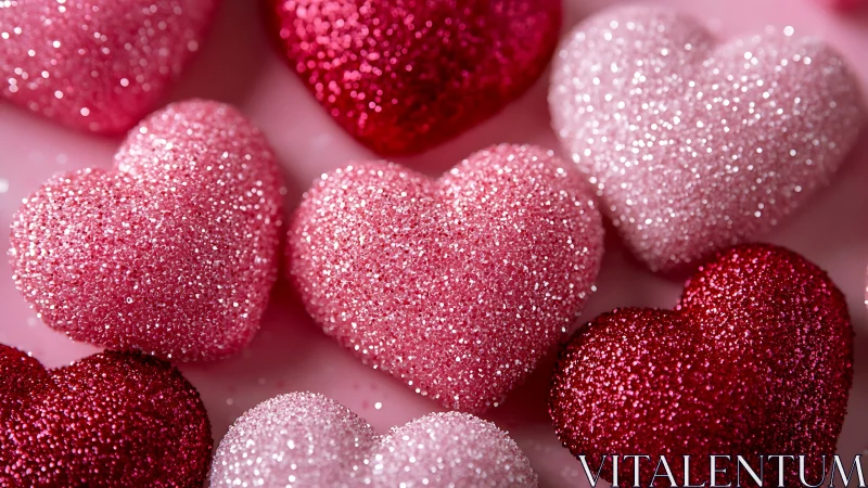 Glittered pink and red hearts in soft macro sparkle focus.