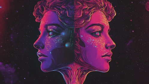 Neon dual portrait of cosmic woman in mirrored profile.