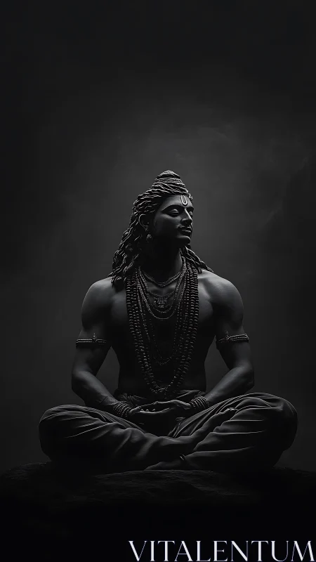 Monochrome meditative deity statue in dramatic low light.