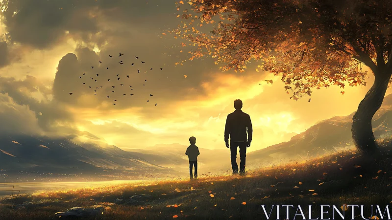 Golden valley sunset with father and child silhouettes.