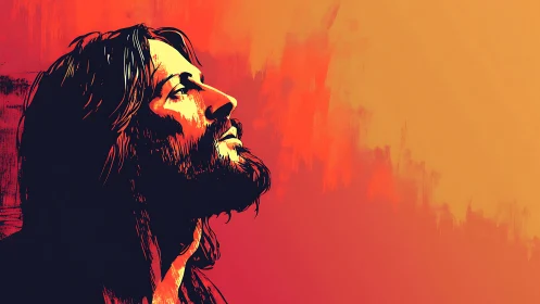 Digital portrait of bearded man in warm orange glow.