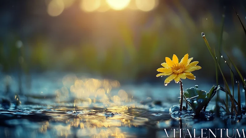 Golden wildflower rising through reflective blue rainfall.