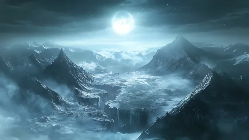 Lunar-illuminated glacial canyon divides monumental icy peaks