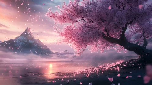 Cherry blossom tree dominates misty lake with backlit mountain
