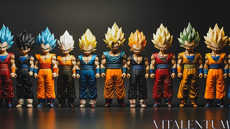 Anime character figurine lineup with symmetric studio lighting.