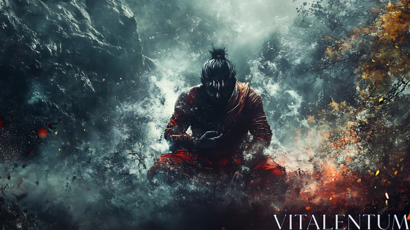 Meditating warrior in storm of fire and mist.