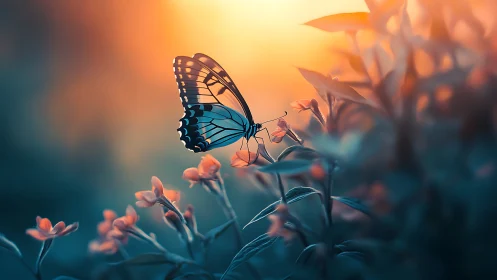 Butterfly in dusk bloom with cinematic bokeh glow.