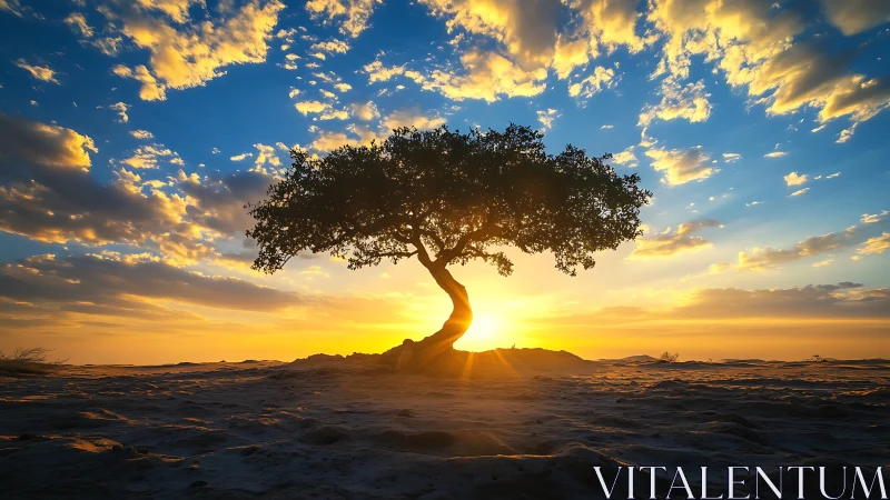 Solitary tree stands against bright coastal sunset sky