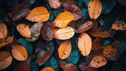 Golden autumn leaves rest over dark wet forest ground