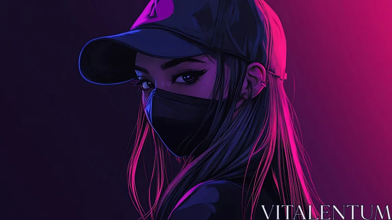 Masked woman in cap under pink and purple neon lighting.