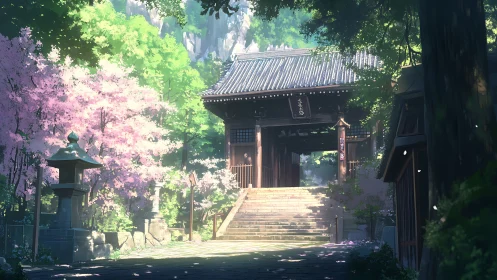 Sunlit temple gate framed by cherry blossoms and deep forest.