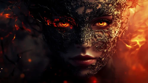 Masked fiery-eyed woman in ornate metallic face armor.