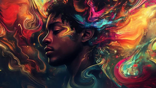 Dreaming portrait drifts through swirling neon cosmic color
