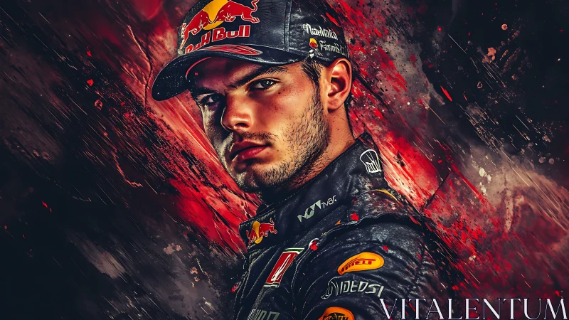Racing driver portrait with sponsor logos on abstract red field.
