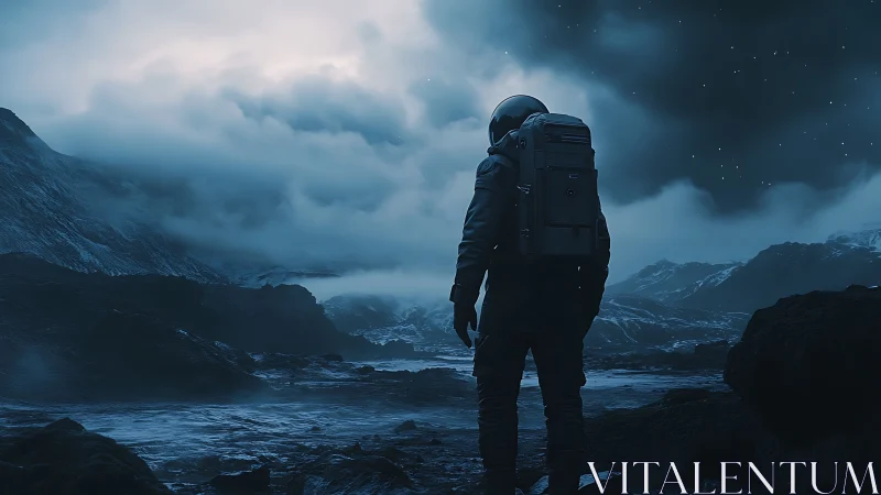 Solitary astronaut surveying storm-laden icy exoplanet terrain