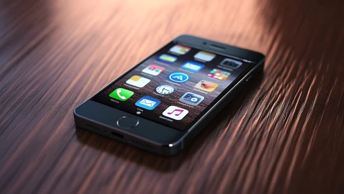 iPhone 5 with iOS home screen displayed on reflective wooden surface under directional lighting