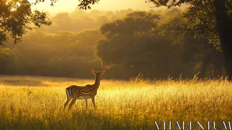 Young deer stands in backlit grassland during low sunrise