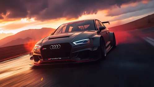 Racing Audi at sunset tearing through misty mountain track.