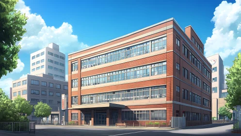 Red brick school building in clear urban daylight scene.
