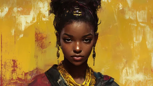 Vibrant portrait of woman against textured yellow ground.