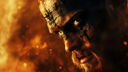 Cinematic warrior close-up in ember-lit, high-contrast profile