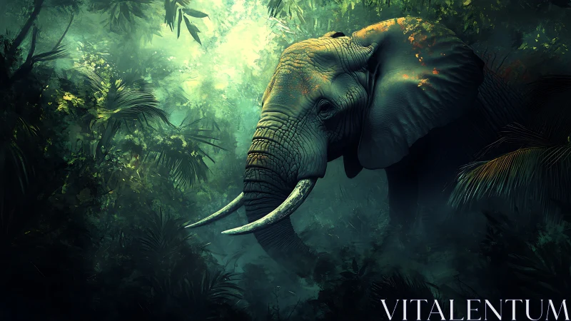 Majestic jungle elephant strides through emerald misted foliage.