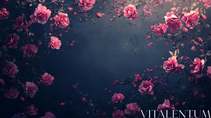 Pink roses and foliage arranged against dark blue background.