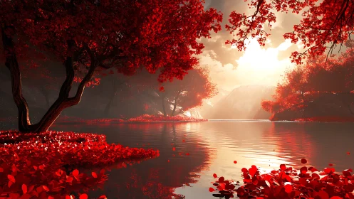 Crimson grove mirrored on tranquil lake at radiant sunset.