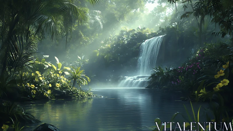 Lush jungle waterfall oasis under soft ethereal sunlight.