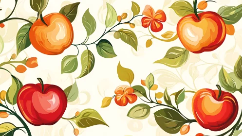 Digital illustration shows apples and foliage in repeating layout