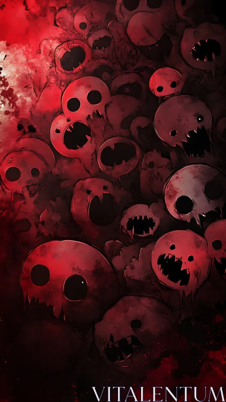 Layered red skull-like forms occupy the vertical frame