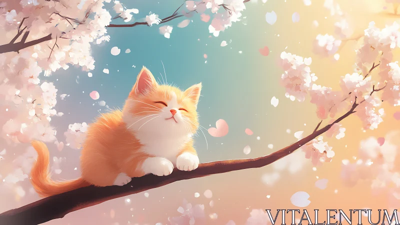 3D-Rendered Feline Resting on Branch Amid Cherry Blossom Particulates