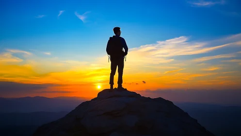 Silhouetted hiker stands on rocky summit against high‑contrast sunset