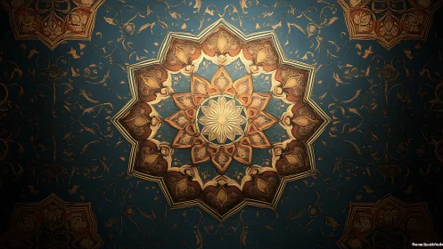 Golden mandala ceiling glows gently against deep teal patterns