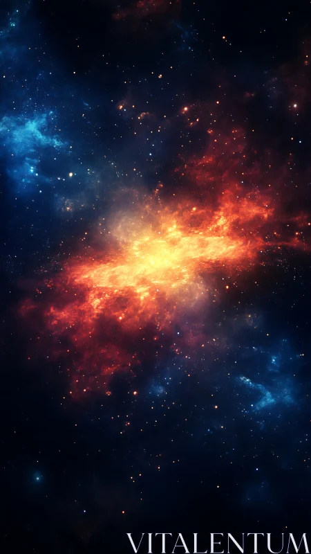 Fiery galactic nebula splitting cool blue starfield glow.