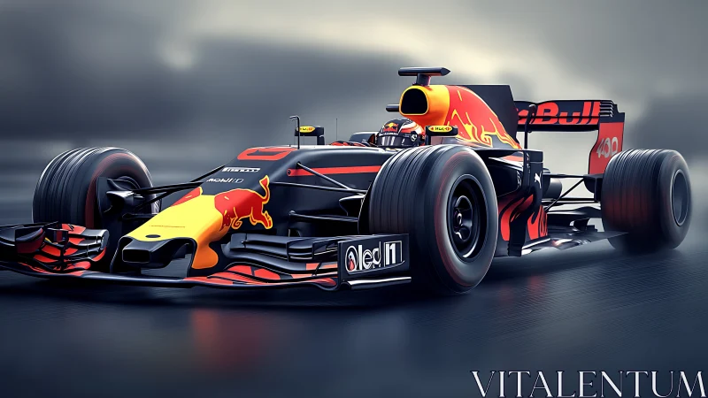 Digital Formula race car rendering on wet asphalt track.