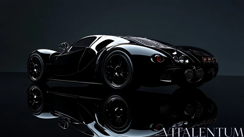 Midnight gloss supercar render with reflective studio floor.
