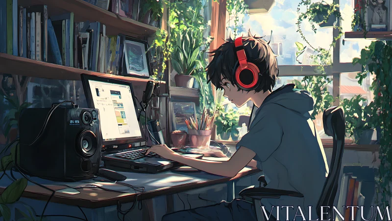 Headphoned daydream coder in a sun-drenched studio garden.