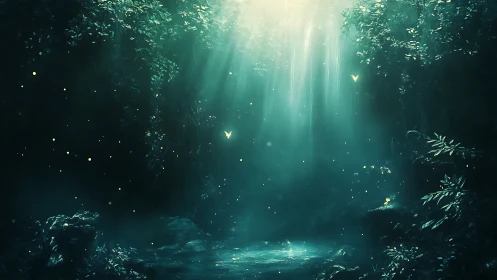Bioluminescent forest grotto rendered in ethereal teal light